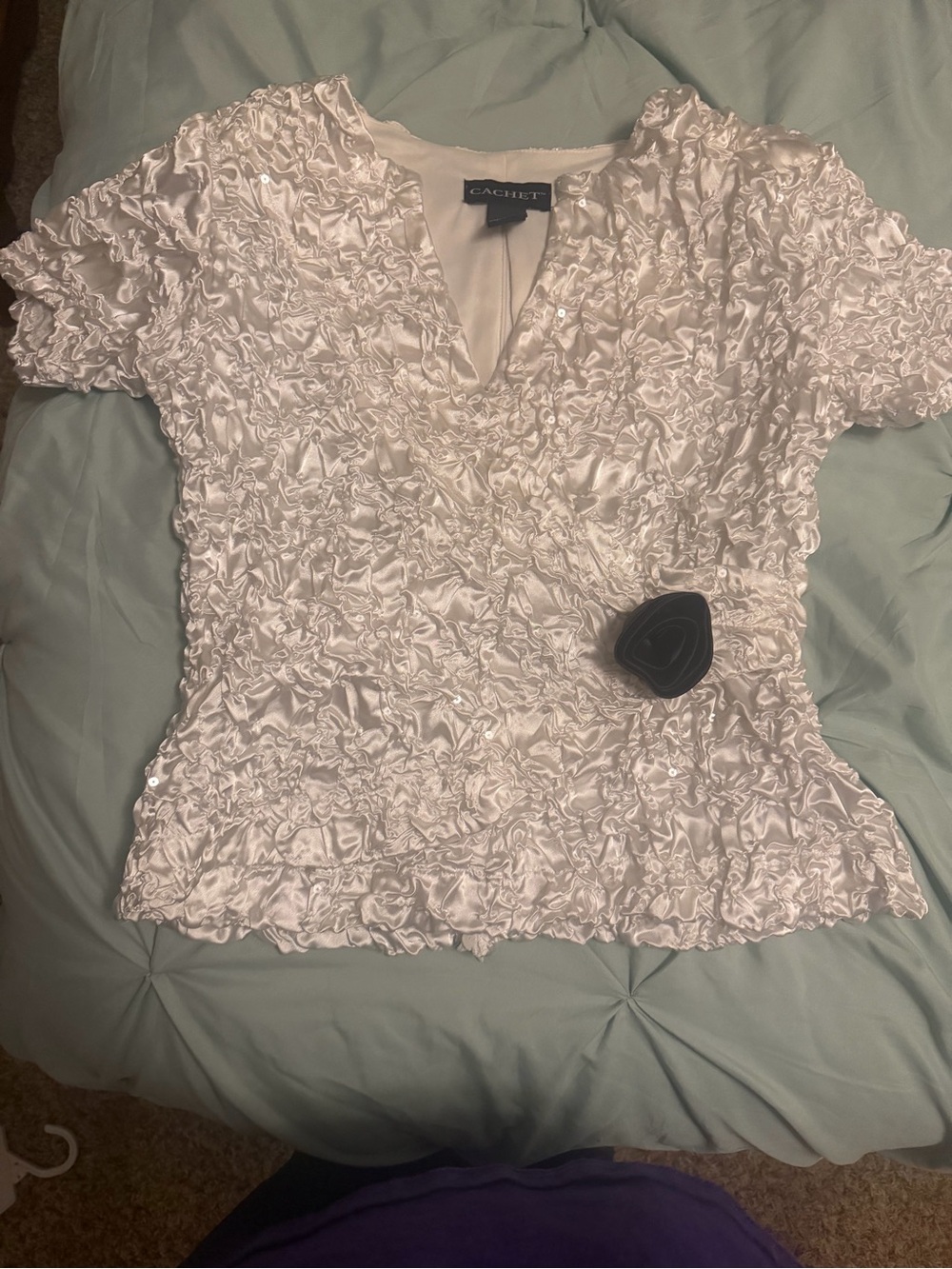 Cachet Ivory Ruffle-Texture Short Sleeve Blouse